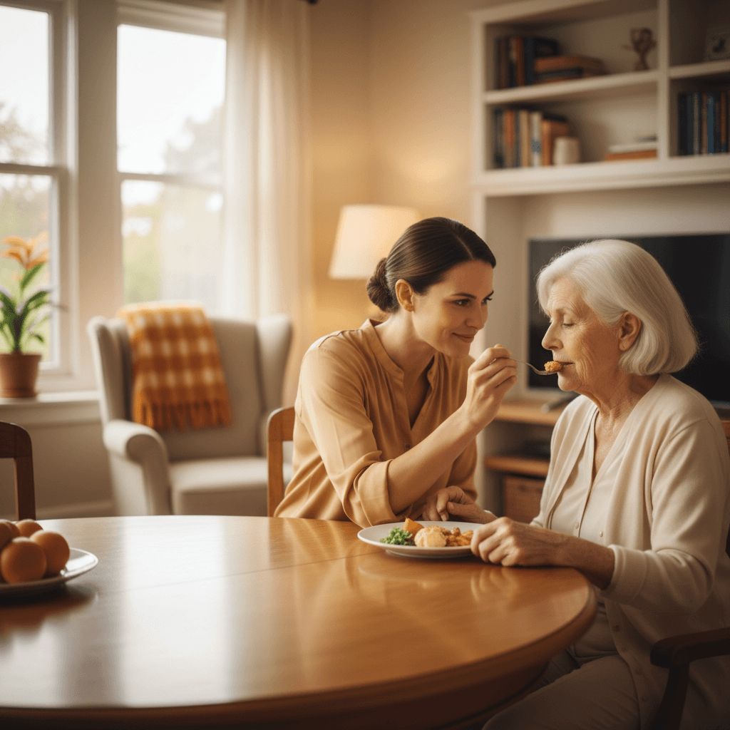 Caregiver assisting senior resident with meal