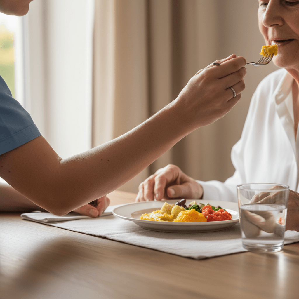 Caregiver assisting senior resident with meal at dining table