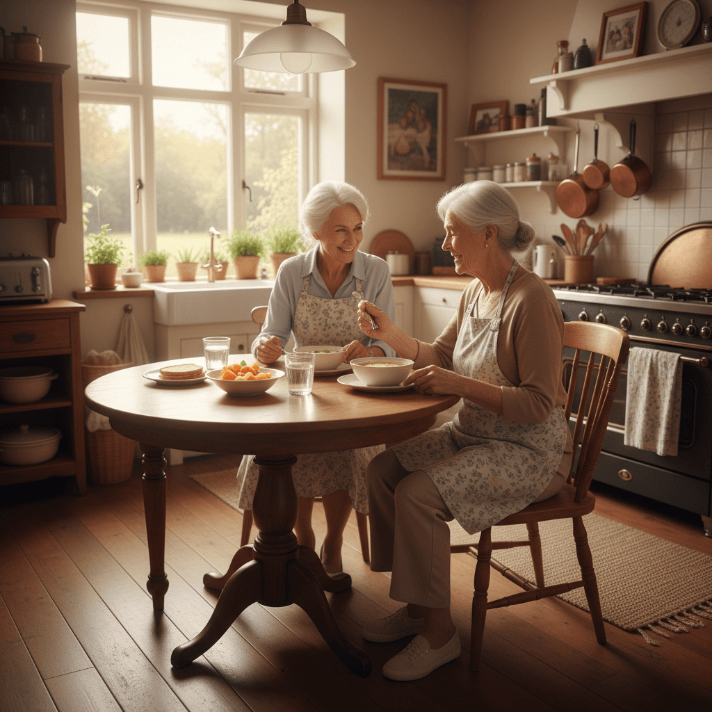 Caregiver helping senior woman with meal in home-like setting