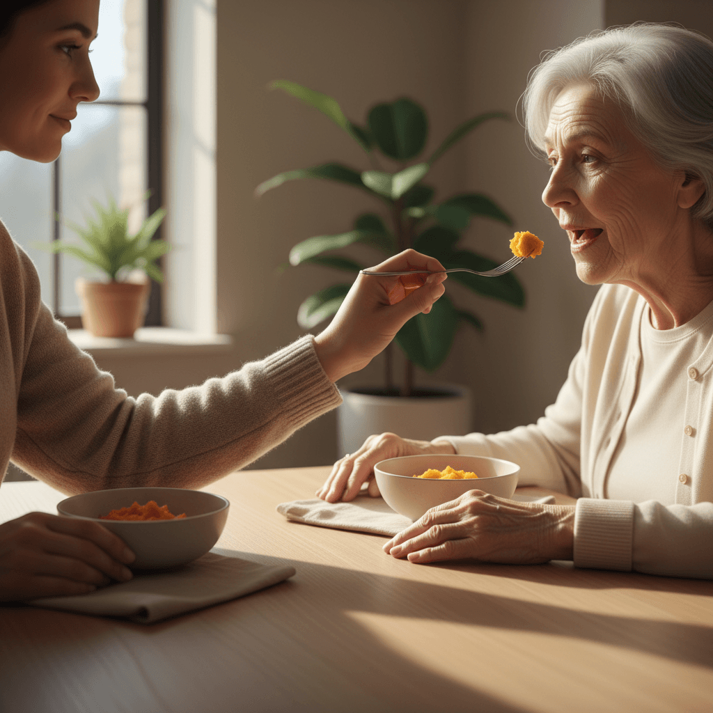 Caregiver assisting senior resident with meal