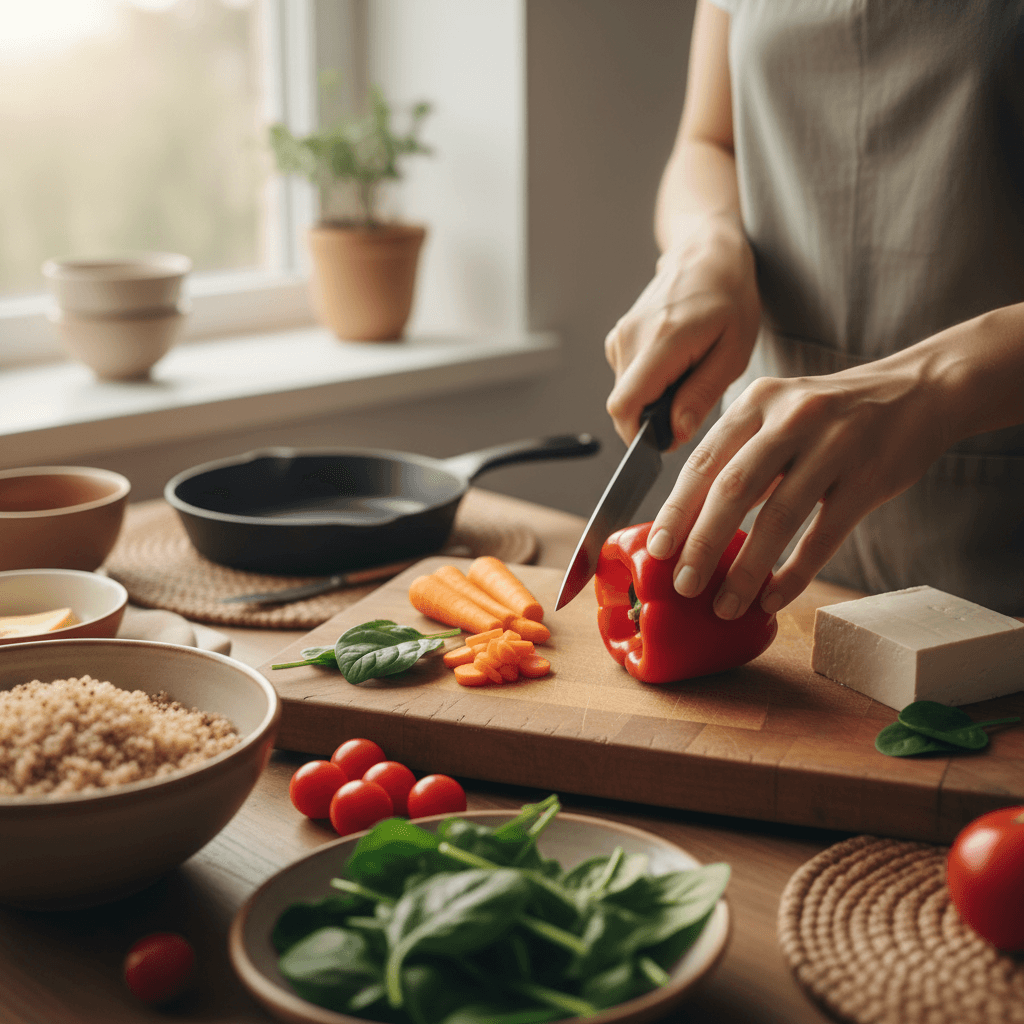 Caregiver preparing meal for residents
