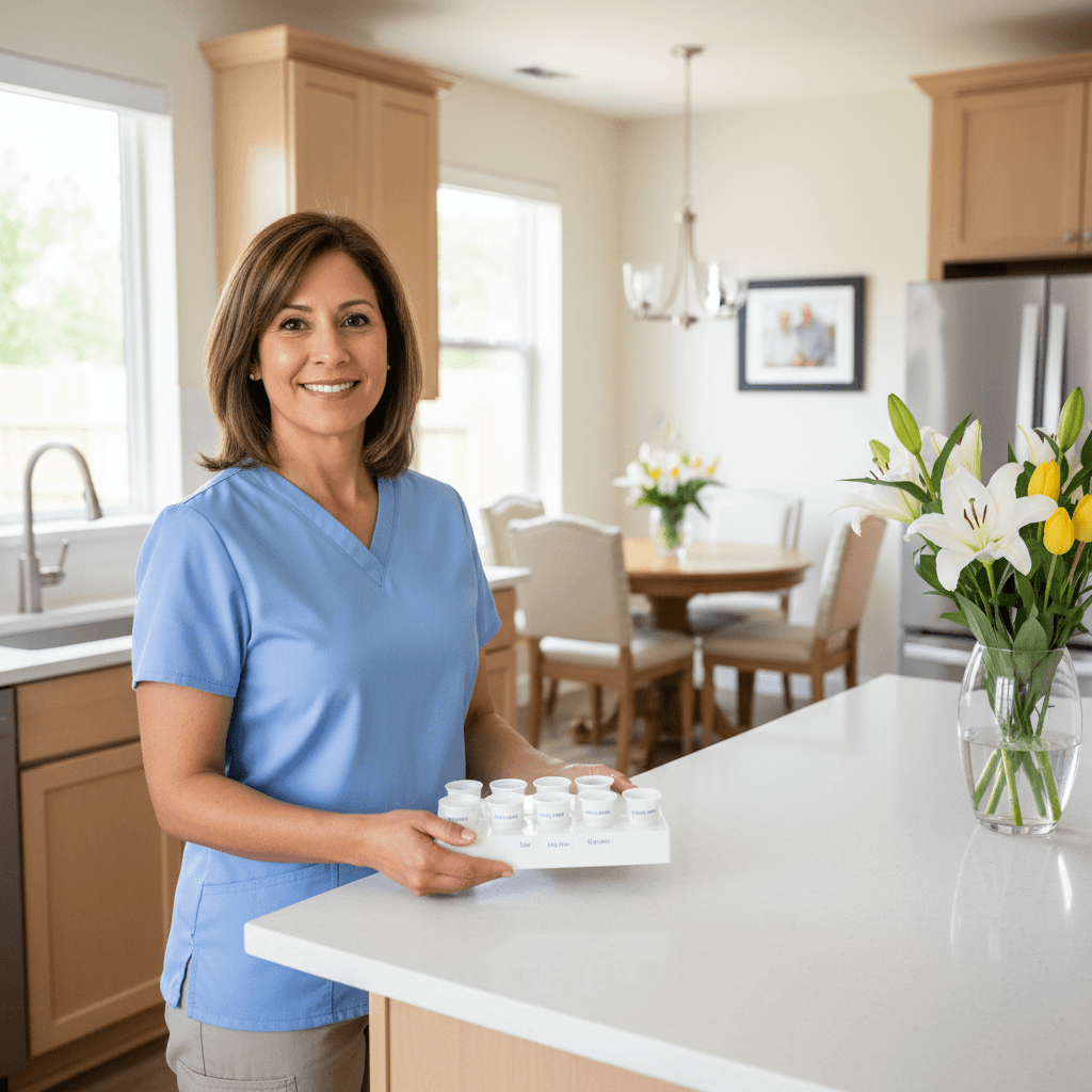 Warm caregiver in a modern kitchen holding a medication tray, highlighting personalized senior care.