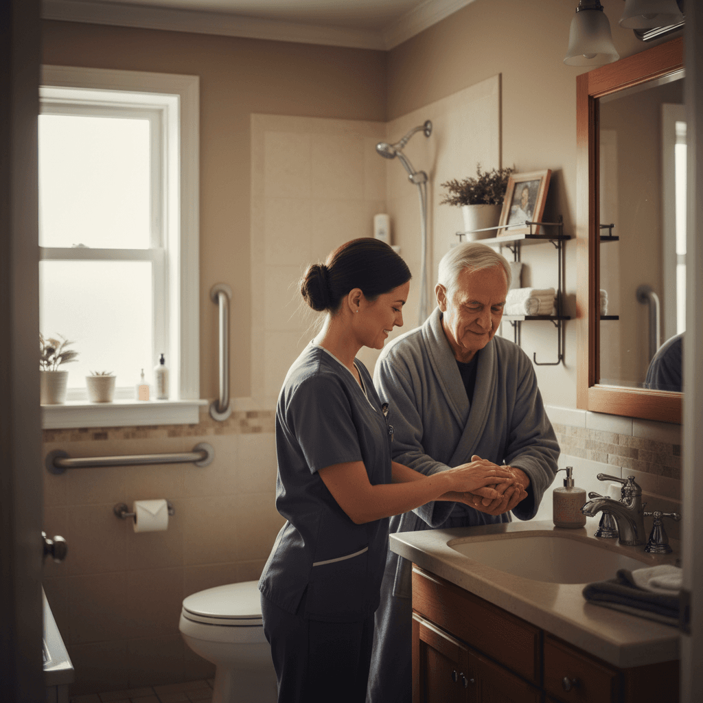 Caregiver assisting senior resident with daily activities