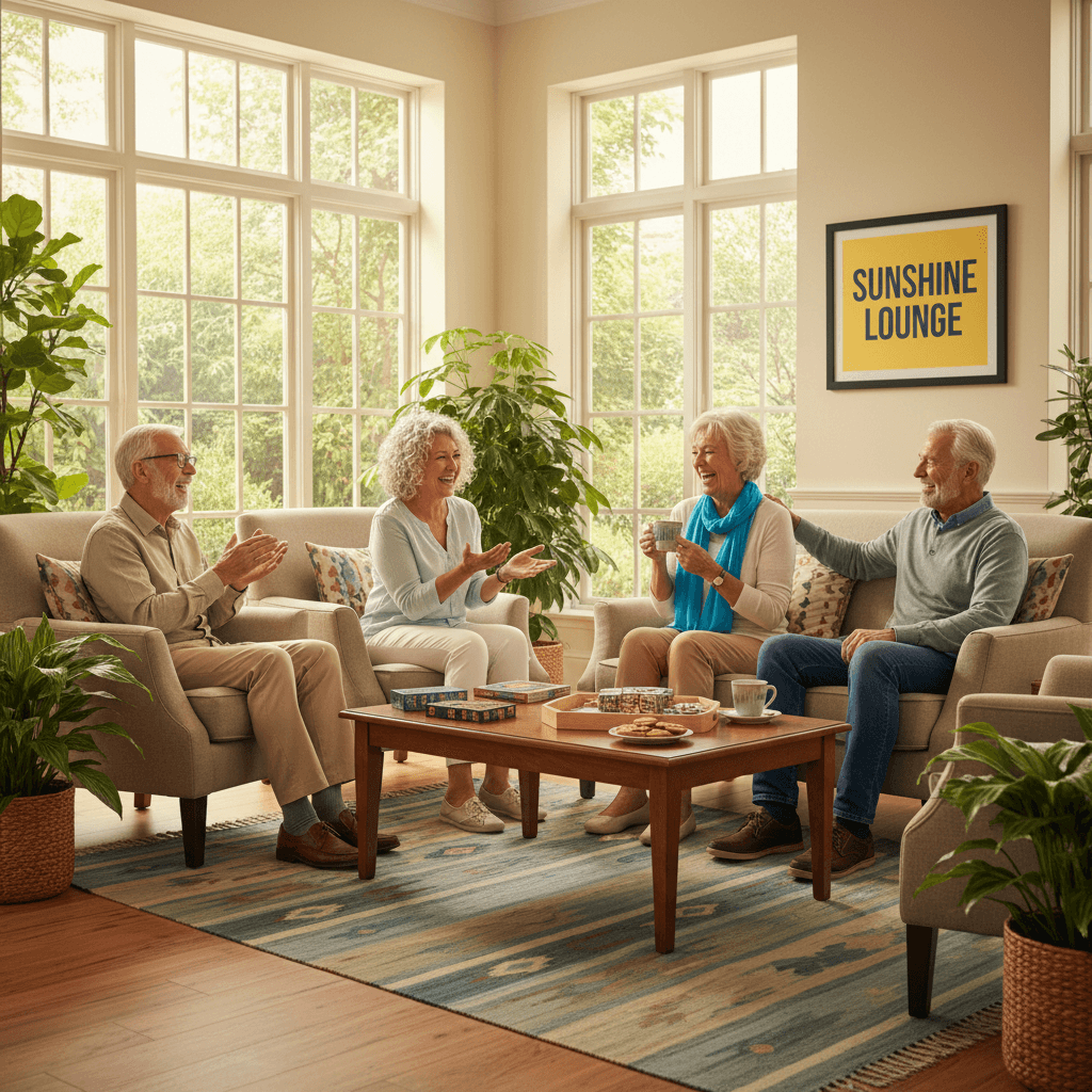 Senior residents laughing in bright common area