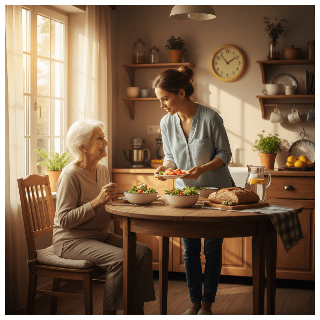 Caregiver supporting senior during mealtime